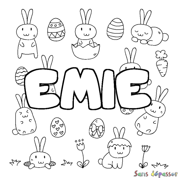Coloriage pr&eacute;nom EMIE - d&eacute;cor Paques