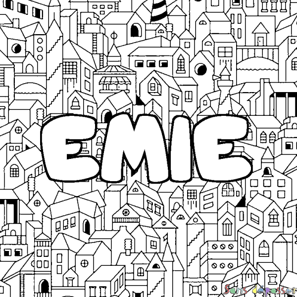 Coloriage pr&eacute;nom EMIE - d&eacute;cor Ville