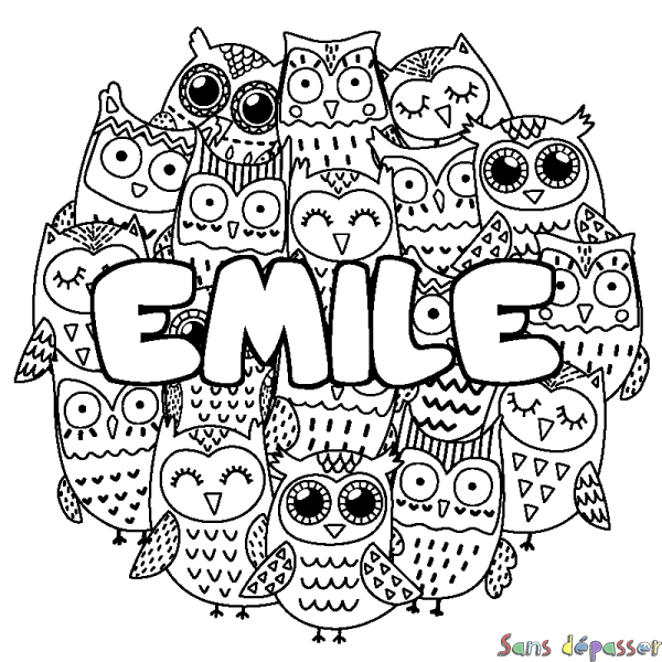 Coloriage pr&eacute;nom EMILE - d&eacute;cor Chouettes