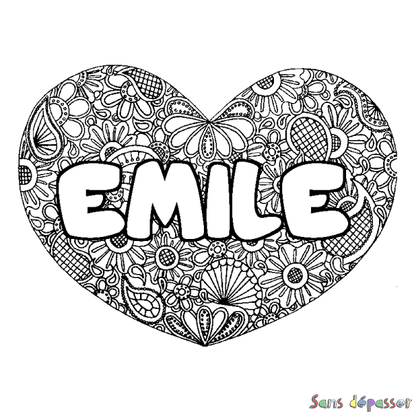 Coloriage pr&eacute;nom EMILE - d&eacute;cor Mandala coeur