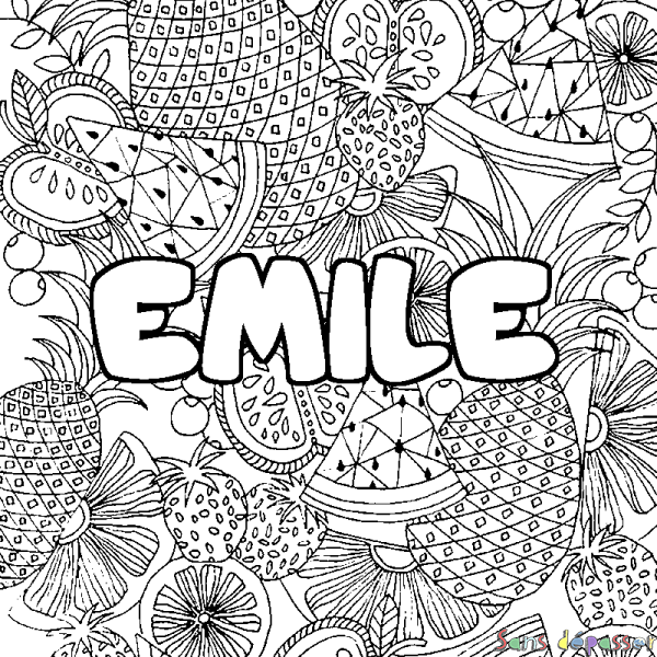 Coloriage pr&eacute;nom EMILE - d&eacute;cor Mandala fruits