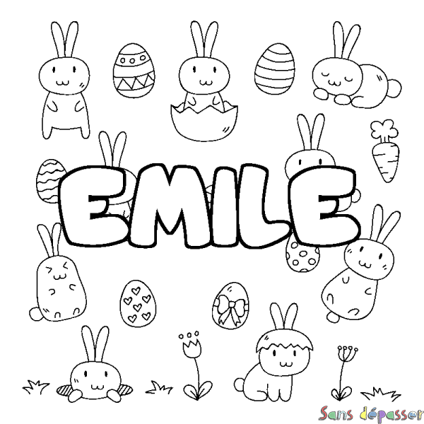 Coloriage pr&eacute;nom EMILE - d&eacute;cor Paques