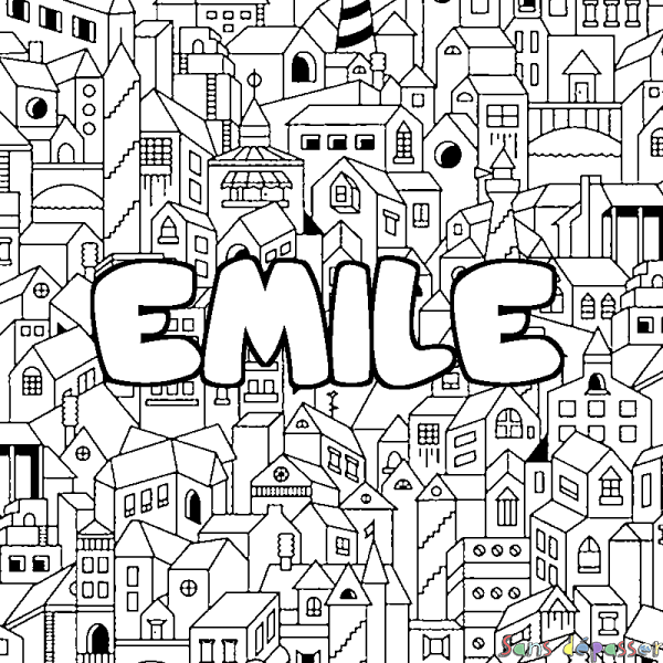 Coloriage pr&eacute;nom EMILE - d&eacute;cor Ville