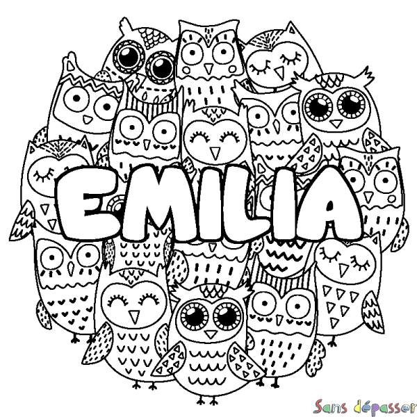 Coloriage prénom EMILIA - d&eacute;cor Chouettes