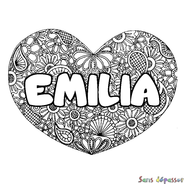 Coloriage prénom EMILIA - d&eacute;cor Mandala coeur