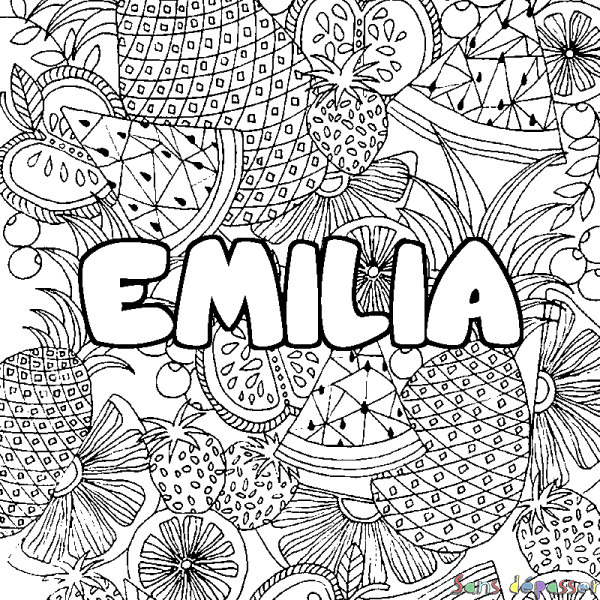 Coloriage prénom EMILIA - d&eacute;cor Mandala fruits