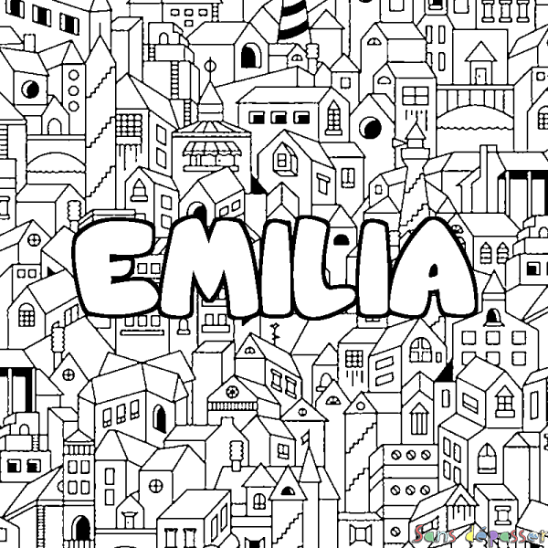 Coloriage prénom EMILIA - d&eacute;cor Ville