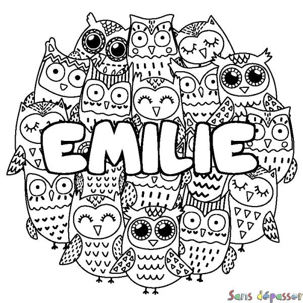 Coloriage prénom EMILIE - d&eacute;cor Chouettes