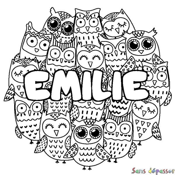 Coloriage pr&eacute;nom EMILIE - d&eacute;cor Chouettes