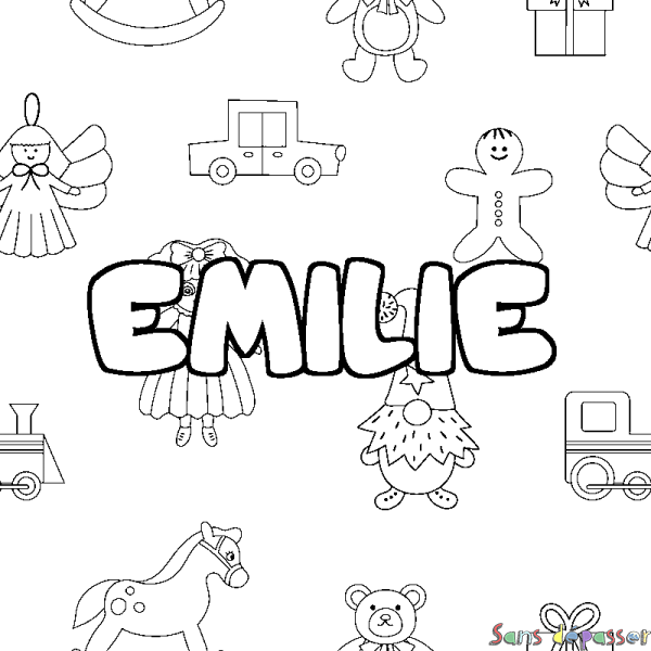 Coloriage pr&eacute;nom EMILIE - d&eacute;cor Jouets
