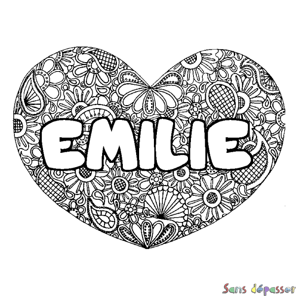 Coloriage prénom EMILIE - d&eacute;cor Mandala coeur