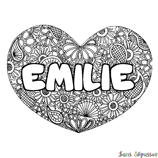 Coloriage pr&eacute;nom EMILIE - d&eacute;cor Mandala coeur