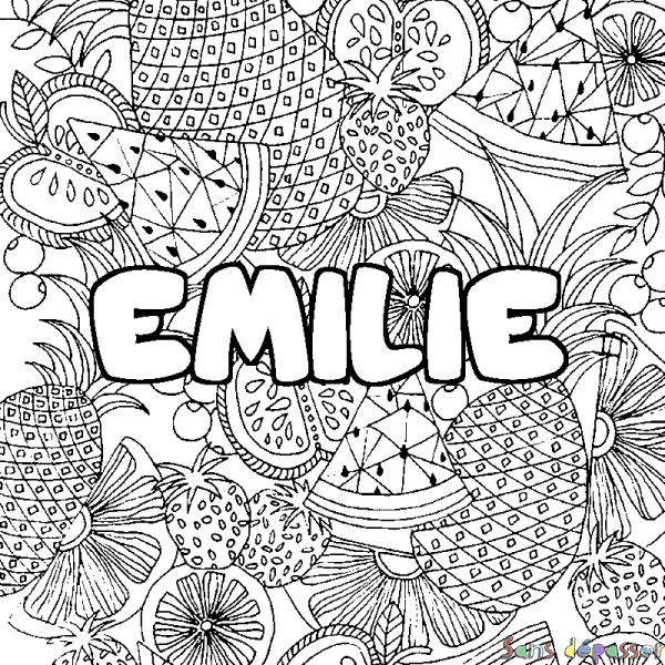 Coloriage prénom EMILIE - d&eacute;cor Mandala fruits