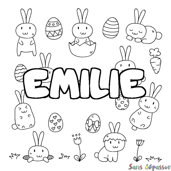 Coloriage pr&eacute;nom EMILIE - d&eacute;cor Paques
