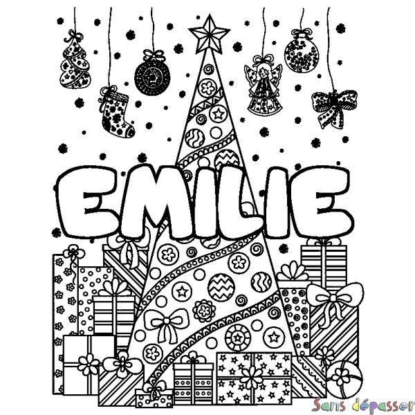 Coloriage pr&eacute;nom EMILIE - d&eacute;cor Sapin et Cadeaux