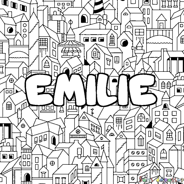 Coloriage prénom EMILIE - d&eacute;cor Ville