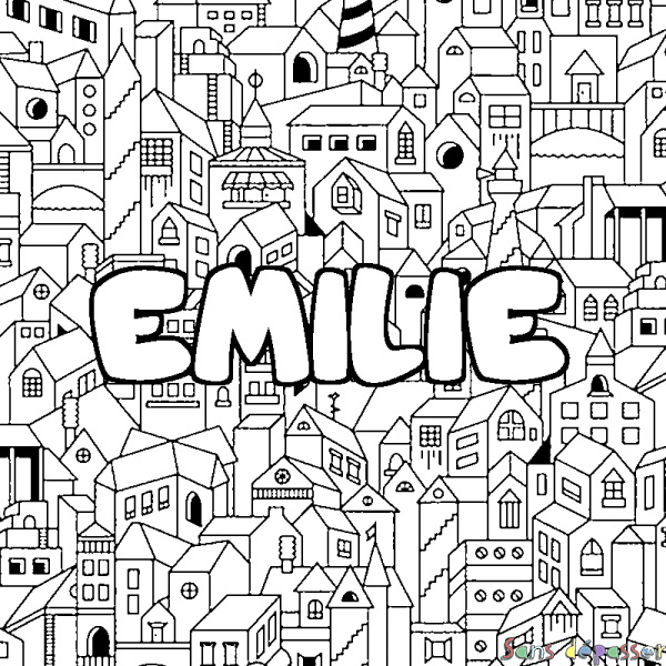 Coloriage pr&eacute;nom EMILIE - d&eacute;cor Ville