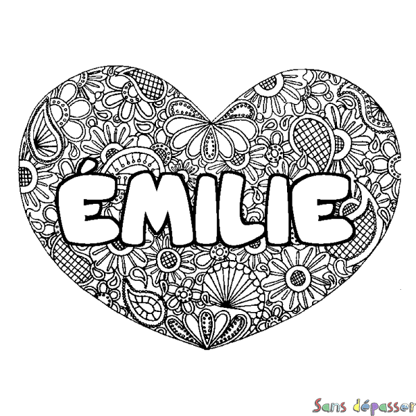 Coloriage pr&eacute;nom &Eacute;MILIE - d&eacute;cor Mandala coeur