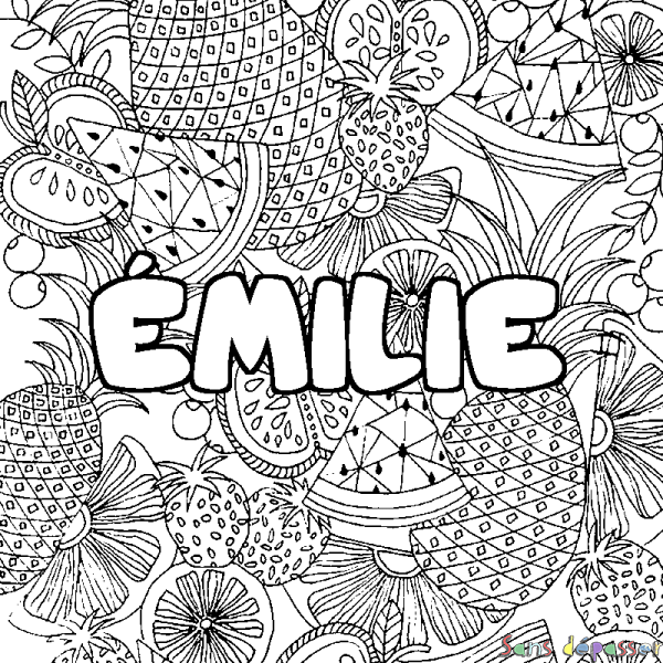 Coloriage pr&eacute;nom &Eacute;MILIE - d&eacute;cor Mandala fruits