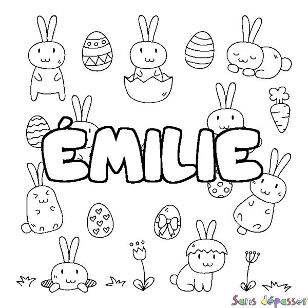 Coloriage pr&eacute;nom &Eacute;MILIE - d&eacute;cor Paques