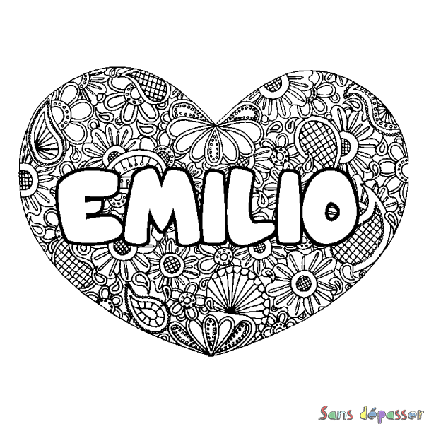 Coloriage prénom EMILIO - d&eacute;cor Mandala coeur