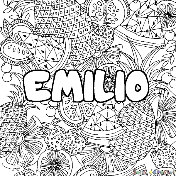 Coloriage prénom EMILIO - d&eacute;cor Mandala fruits