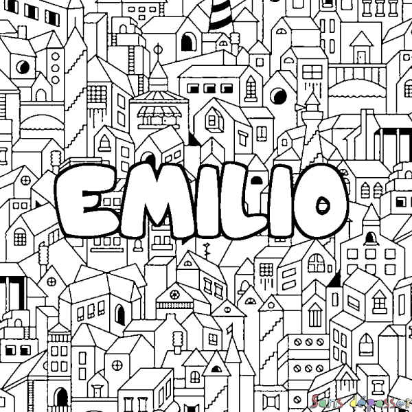 Coloriage prénom EMILIO - d&eacute;cor Ville
