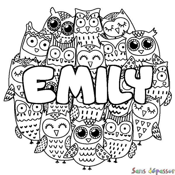 Coloriage prénom EMILY - d&eacute;cor Chouettes