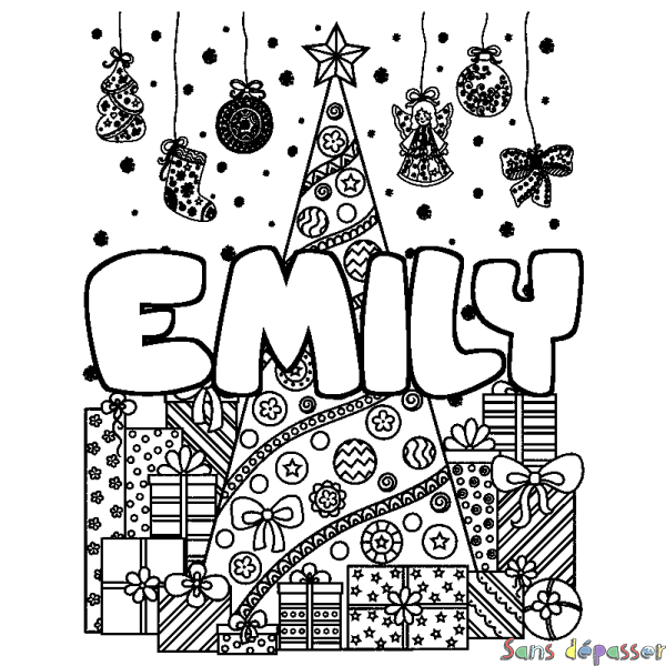 Coloriage prénom EMILY - d&eacute;cor Sapin et Cadeaux