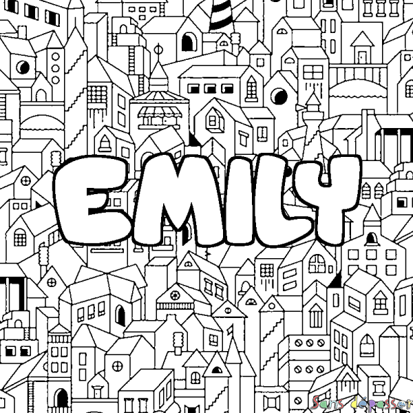 Coloriage prénom EMILY - d&eacute;cor Ville
