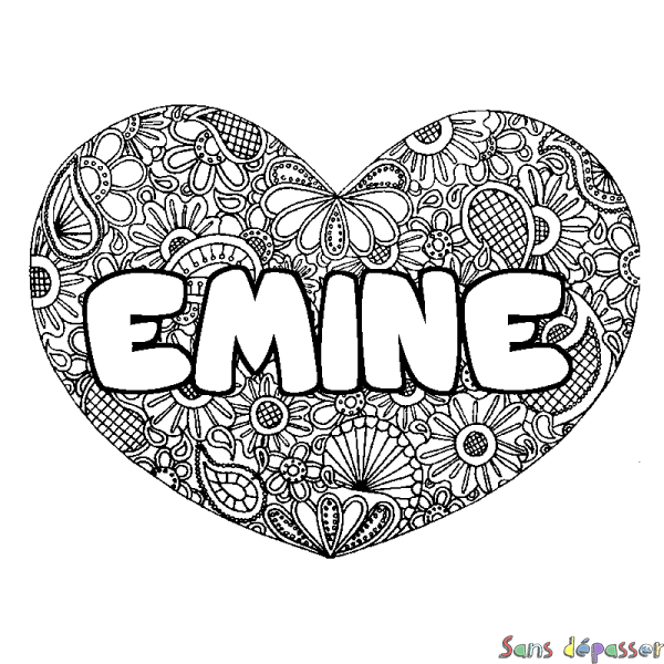Coloriage pr&eacute;nom EMINE - d&eacute;cor Mandala coeur