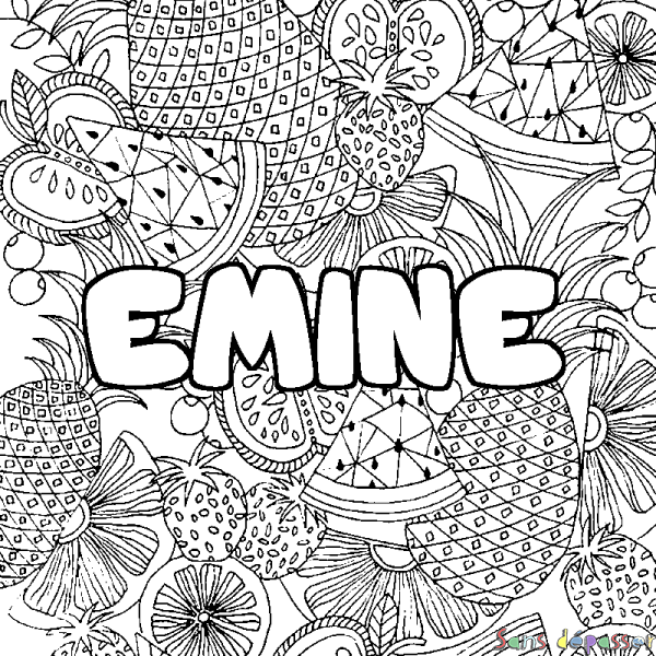 Coloriage pr&eacute;nom EMINE - d&eacute;cor Mandala fruits