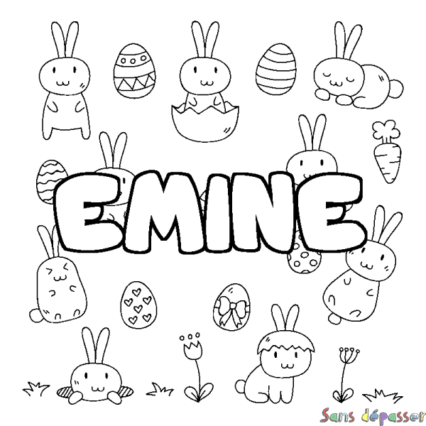 Coloriage pr&eacute;nom EMINE - d&eacute;cor Paques