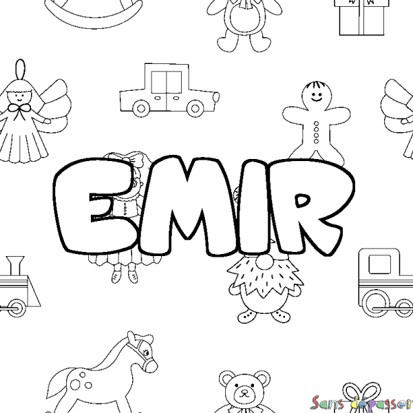 Coloriage pr&eacute;nom EMIR - d&eacute;cor Jouets