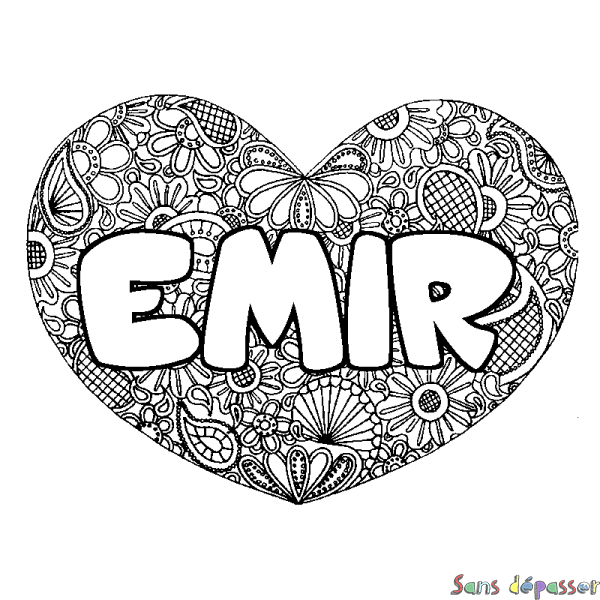 Coloriage prénom EMIR - d&eacute;cor Mandala coeur