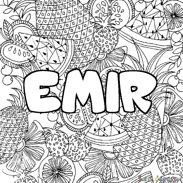 Coloriage prénom EMIR - d&eacute;cor Mandala fruits