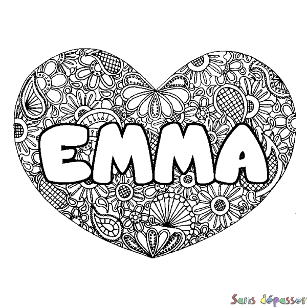 Coloriage prénom EMMA - d&eacute;cor Mandala coeur