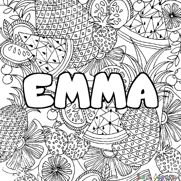 Coloriage prénom EMMA - d&eacute;cor Mandala fruits