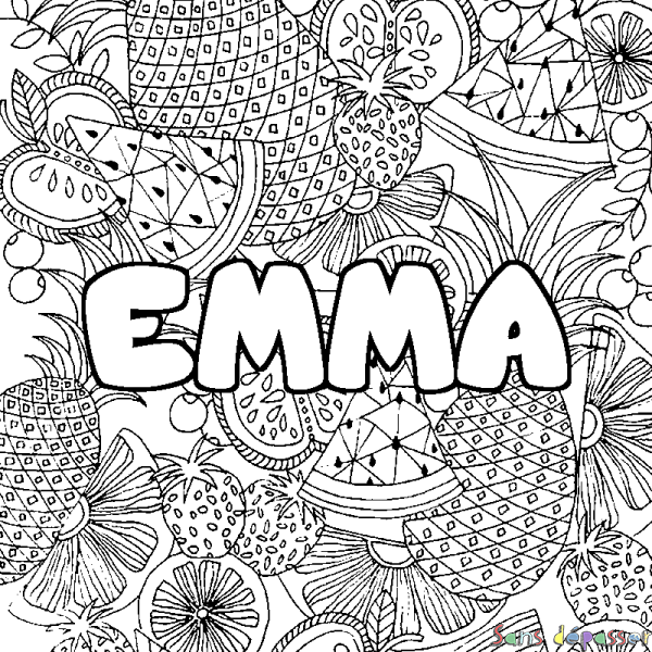 Coloriage pr&eacute;nom EMMA - d&eacute;cor Mandala fruits
