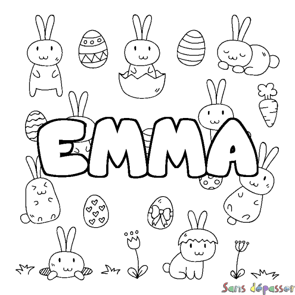 Coloriage pr&eacute;nom EMMA - d&eacute;cor Paques