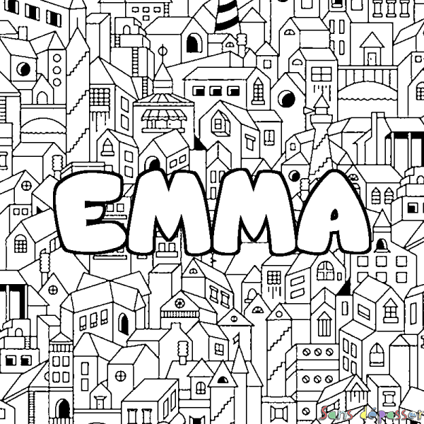 Coloriage prénom EMMA - d&eacute;cor Ville