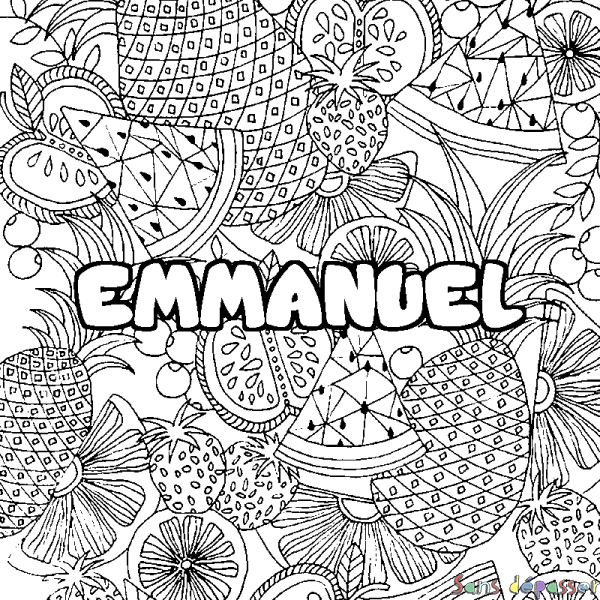 Coloriage prénom EMMANUEL - d&eacute;cor Mandala fruits