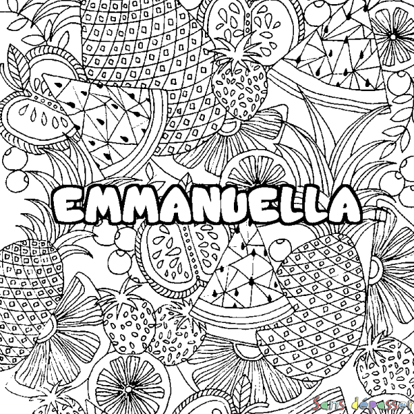 Coloriage pr&eacute;nom EMMANUELLA - d&eacute;cor Mandala fruits