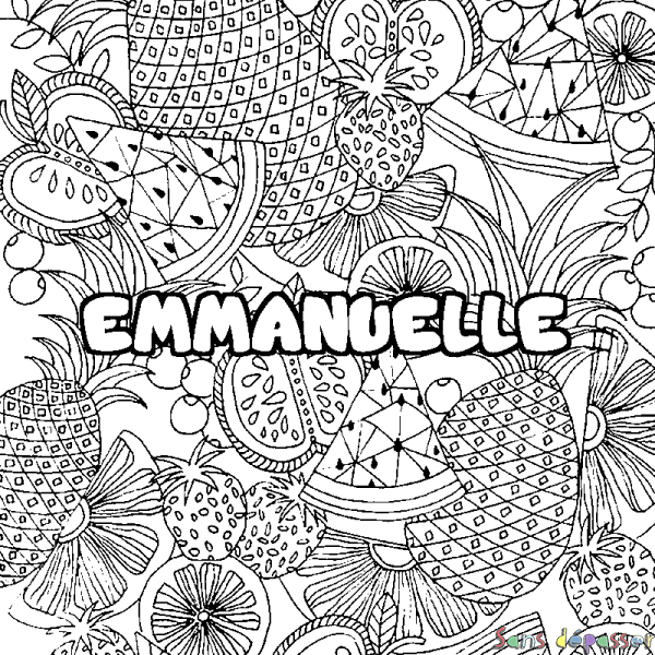 Coloriage prénom EMMANUELLE - d&eacute;cor Mandala fruits
