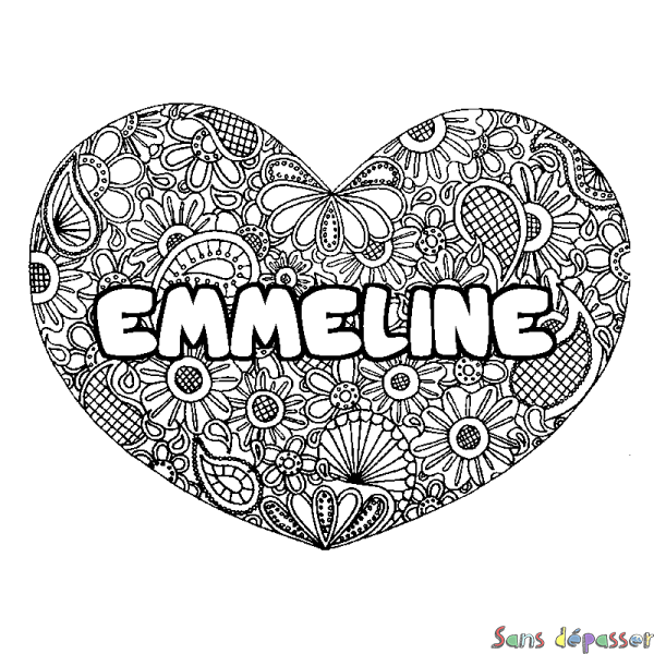 Coloriage pr&eacute;nom EMMELINE - d&eacute;cor Mandala coeur