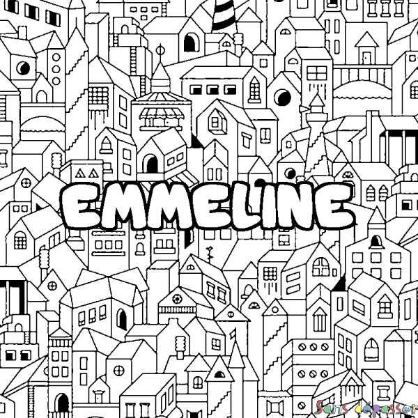 Coloriage prénom EMMELINE - d&eacute;cor Ville