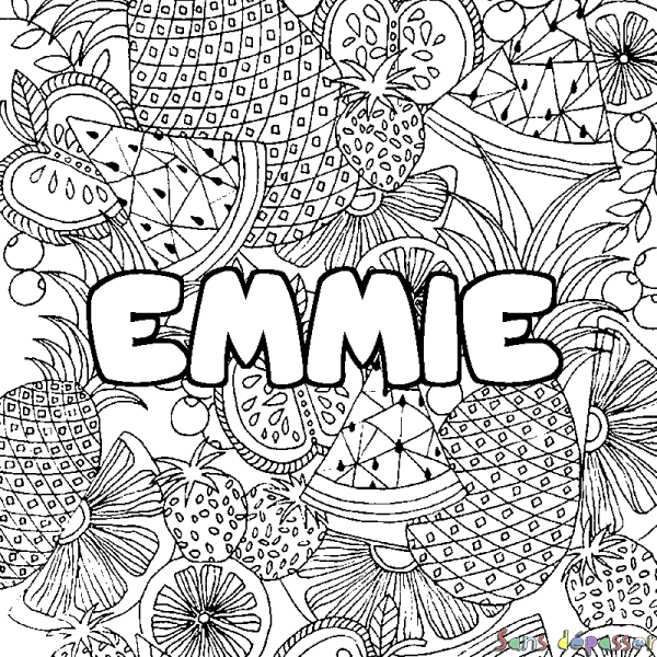 Coloriage pr&eacute;nom EMMIE - d&eacute;cor Mandala fruits