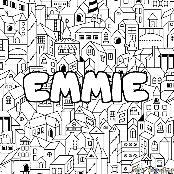 Coloriage pr&eacute;nom EMMIE - d&eacute;cor Ville
