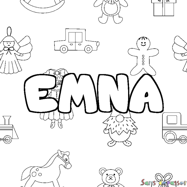 Coloriage pr&eacute;nom EMNA - d&eacute;cor Jouets