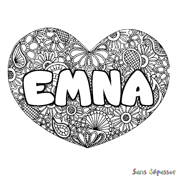 Coloriage pr&eacute;nom EMNA - d&eacute;cor Mandala coeur